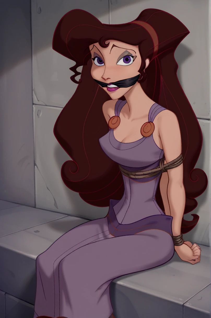 score_9,score_8_up,score_7_up,score_6_up, source_cartoon, BREAK, 1girl, disney, megara, brown hair, purple eyes, purple dress, tied up with gray rope, arms to her sides, OTM gagged, sitting on her knees, looking at viewer