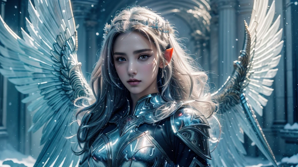 Close-up of woman holding sword and armor, Armor Girl, 2. 5D CGI anime fantasy artwork, Large Breasts，Epic fantasy digital art style, detailed Digital 2D fantasy art, Digital 2D fantasy art, original photo, (best quality:1.3), high resolution, (masterpiece), (lifelike:1.4), Professional photography, Be focused, High Dynamic Range, 8K resolution, Intricate details, Fine details, Depth of Field, Extremely detailed CG unified 8k wallpaper, masterpiece，poster，best quality，Official Art，（Beauty and aesthetics：1.2），（masterpiece：1.3），miss，Personal，Light Leather Armor，Complex Mode，winter，Snow Mountain，Medium distance photography，（midnight），dramatic，Glowing Wings，