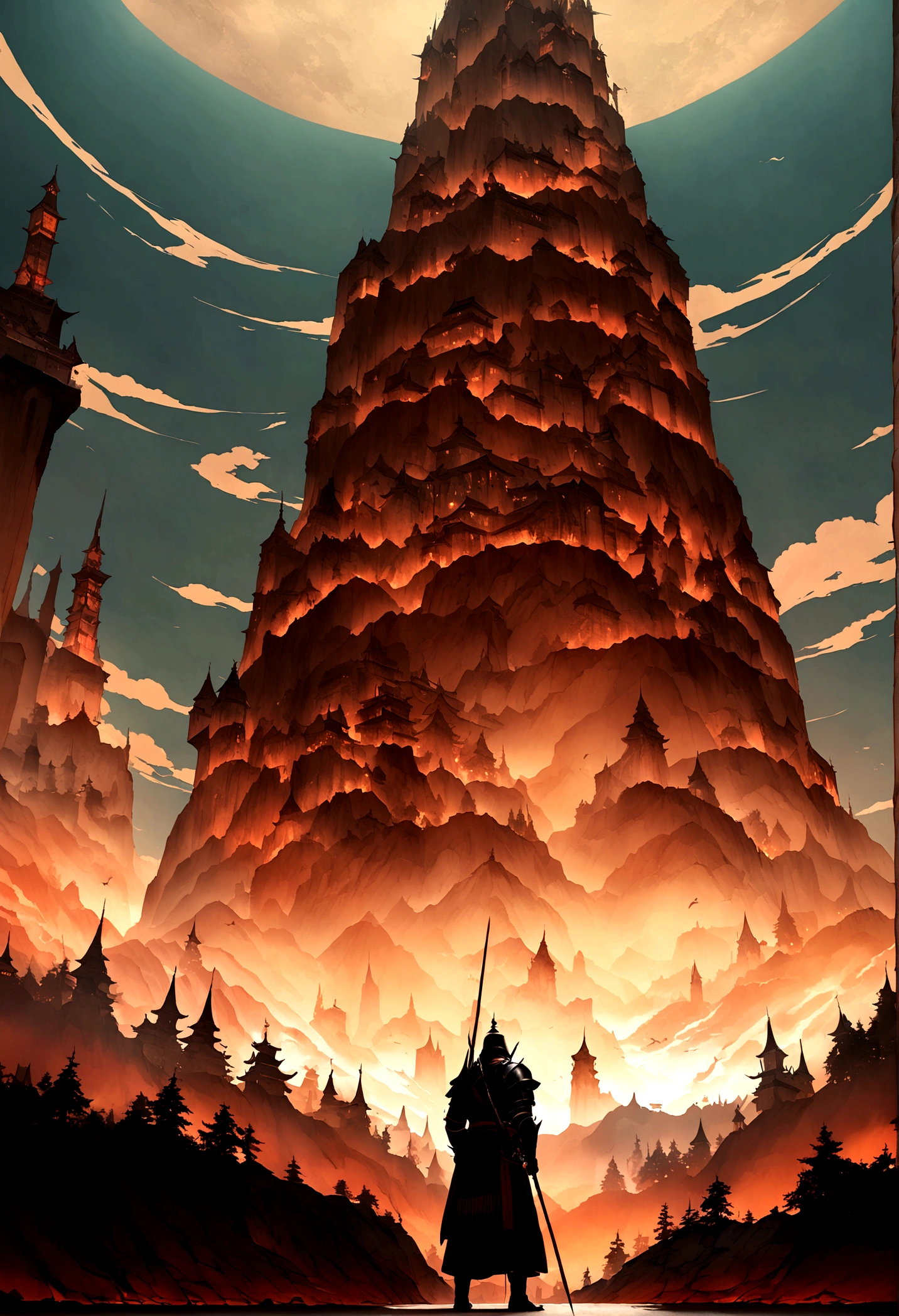 HD clear,Optimal image,illustration,Super detailed,high detal,Two heavily armed samurai looked up from the mountain,eventide,In the daytime,,katana swords,longspear,preparing to fight,Blood dripping,Battle flag,eventide,sky-high tower