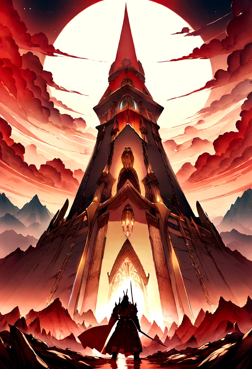 HD clear,Optimal image,illustration,Super detailed,high detal,Two heavily armed samurai looked up from the mountain,eventide,In the daytime,,katana swords,longspear,preparing to fight,Blood dripping,Battle flag,eventide,sky-high tower