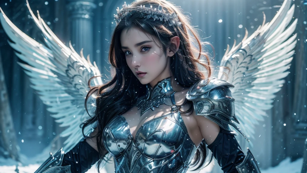 Close-up of woman holding sword and armor, Armor Girl, 2. 5D CGI anime fantasy artwork, Large Breasts，Epic fantasy digital art style, detailed Digital 2D fantasy art, Digital 2D fantasy art, original photo, (best quality:1.3), high resolution, (masterpiece), (lifelike:1.4), Professional photography, Clear focus, High Dynamic Range, 8k resolution, Intricate details, Fine details, Depth of Field, Extremely detailed CG unified 8k wallpaper, masterpiece，poster，best quality，Official Art，（Beauty and aesthetics：1.2），（masterpiece：1.3），Female Elf，individual，Light Leather Armor，complex pattern，snow，castle，Medium distance photography，（early morning），dramatic，Glowing Wings，