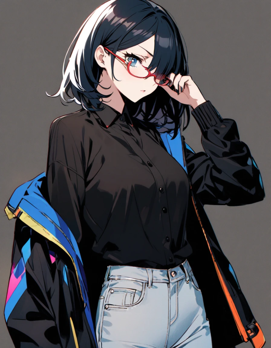 diagonal, bright、Glasses、woman、Jacket、Hiding one eye、stylish