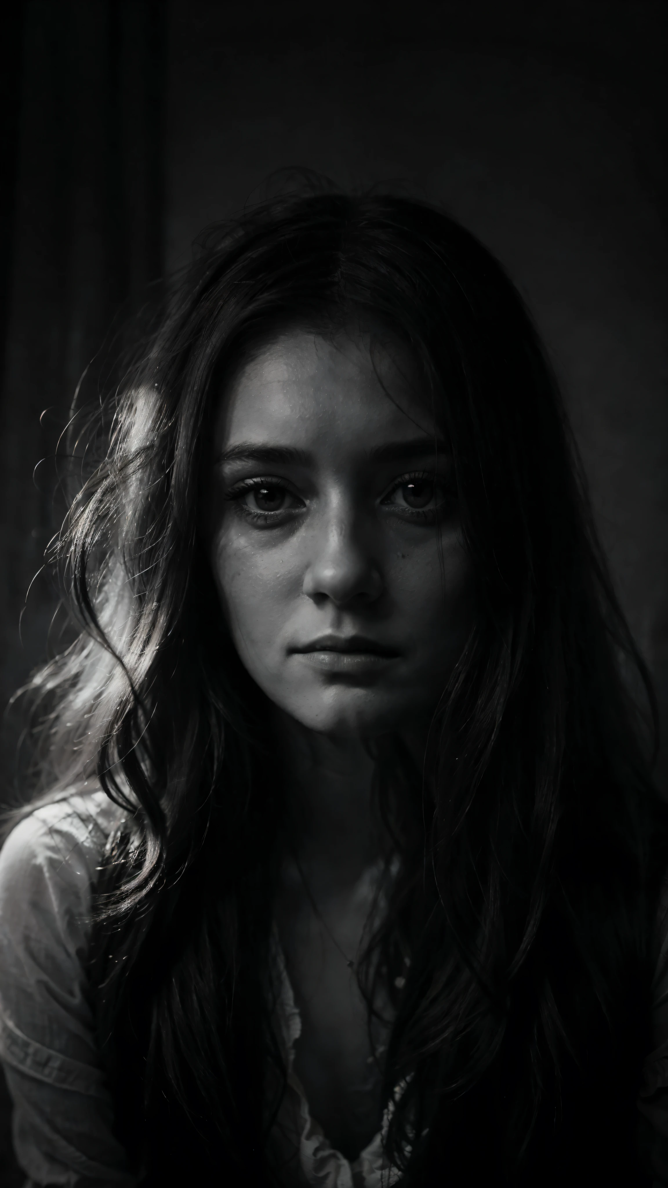 an image of a portrait of a woman with long hair, in the style of ethereal abstractions, monochrome portraits, Trapped emotions portrayed, soft edges and atmospheric effects, Claire-Obscure Lighting, layered imagery, highly textured --ar 4:5 --raw style