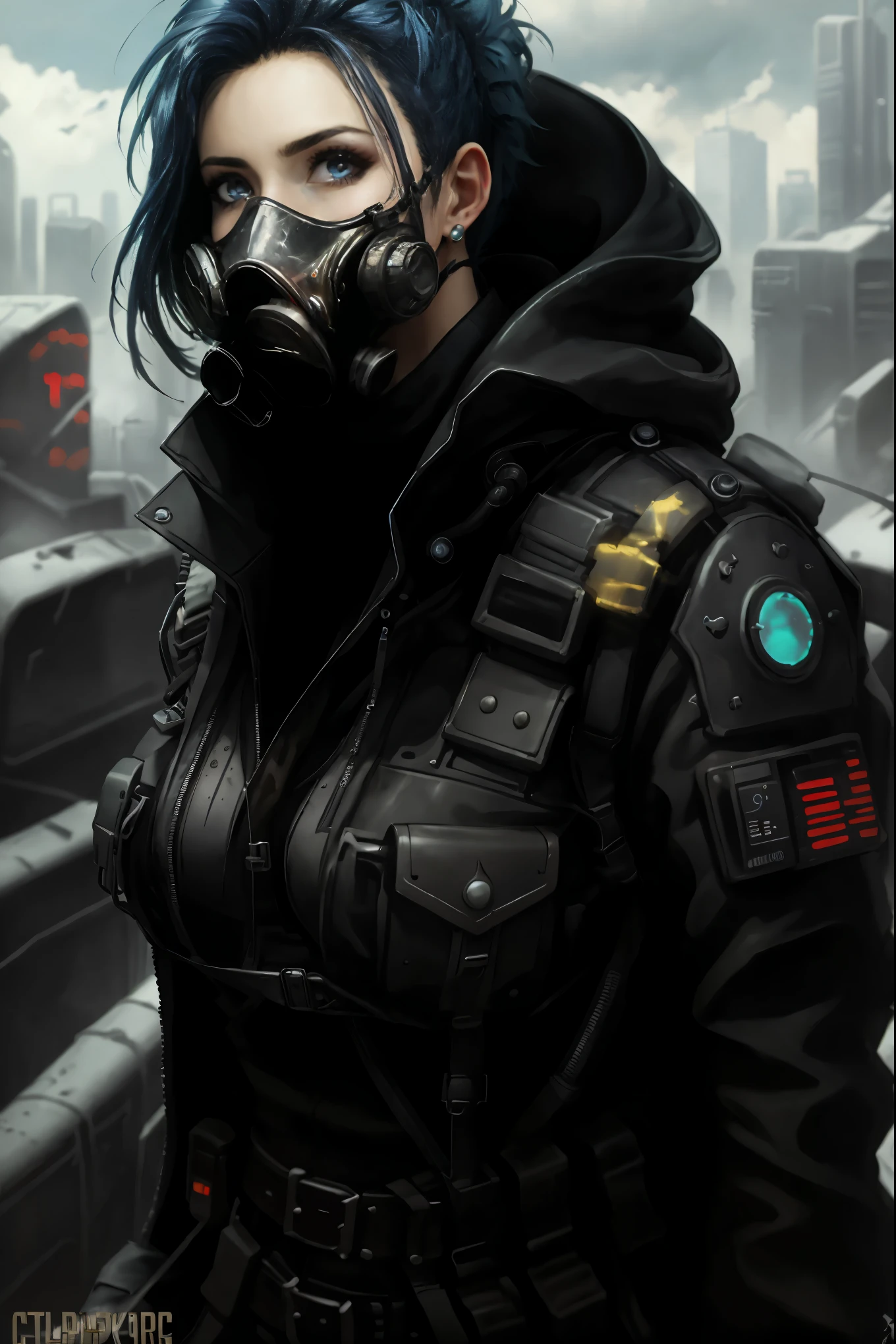 a post-apocalyptic cyberpunk android with short blue hair, an extremely large and perfectly shaped bust, a provocative pose, gas mask, detailed facial features:1.5, skin texture, hyper realistic, 8k, ultra detailed, masterpiece, photorealistic, dramatic lighting, changing colors, dramatic depth of field, intricate mechanical details, intricate circuitry, bright neon accents, dramatic sci-fi atmosphere, cinematic composition