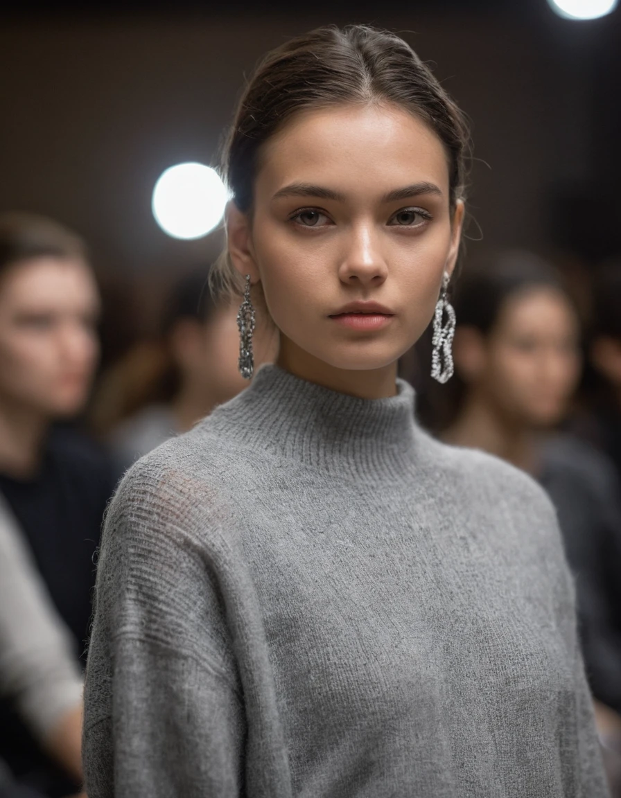 A photo of one (fashion catwalk model:1.3), (gray knit sweater:1.2), amidst a blur of audience, (fierce gaze:1.1), striking posture, high fashion atmosphere, reflective textures, minimalist earrings, (confidence on the catwalk:1.1), (soft natural makeup:1.1), subtle spotlight, Nikon Z 9, 1/0s, f/2.8, ISO 100, (Sharp focus in the foreground:1.2), nblurry background, Captura RAW, monochromatic color scheme with a hint of skin tone, professional fashion photography
