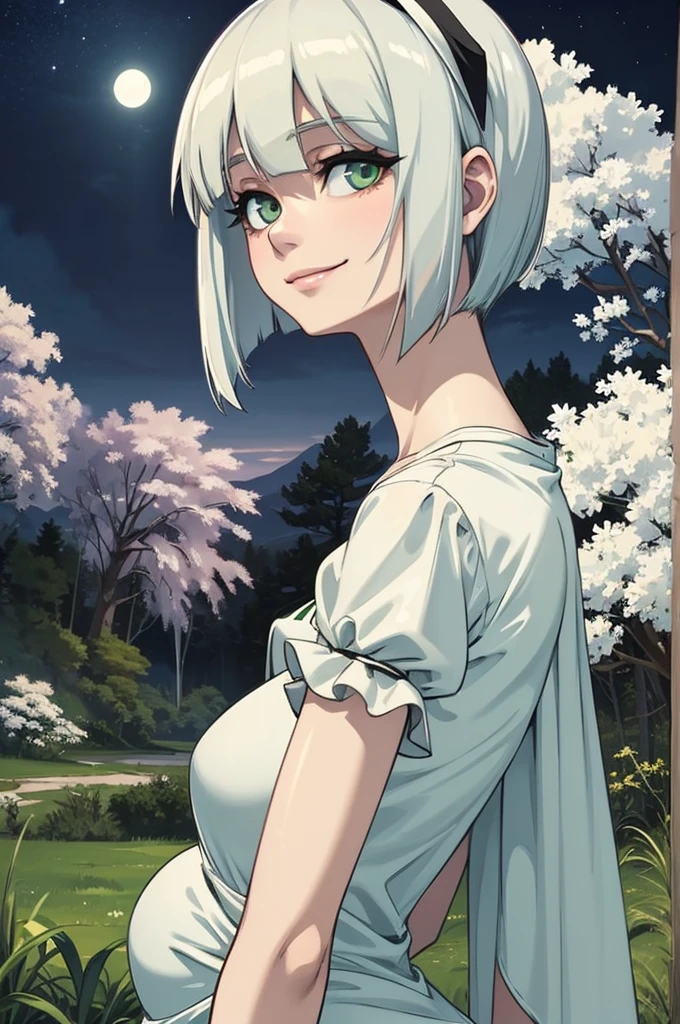 (masterpiece, official art), 1girl, solo, white hair, green eyes, (youmu konpaku:1.2), (dress), (closeup), portrait, (medium breasts), standing, view from front, countryside, at night, dark, moonlight, looking at viewer, (upper body), smile, seductive, alluring attire, slim, slender