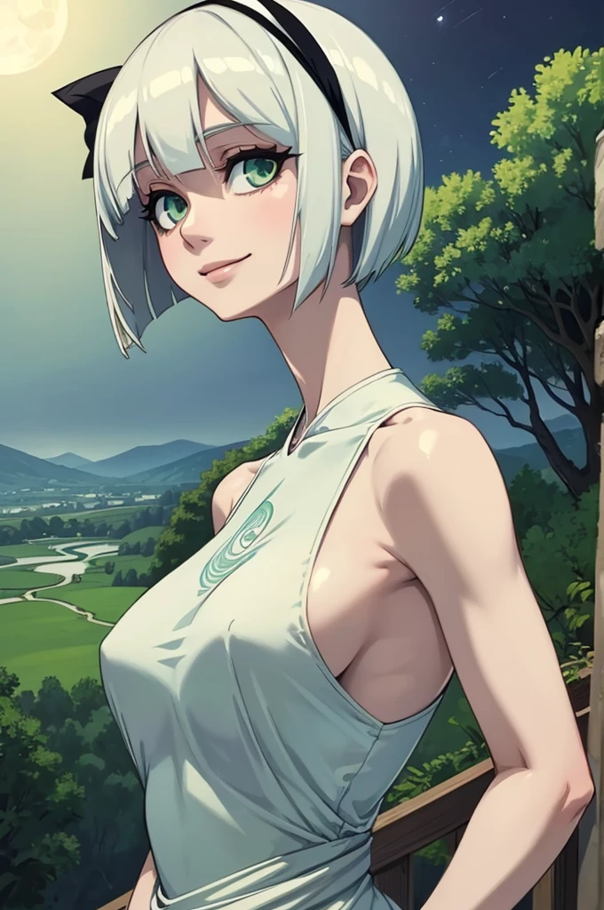 (masterpiece, official art), 1girl, solo, white hair, green eyes, (youmu konpaku:1.2), (dress), (closeup), portrait, (medium breasts), standing, view from front, countryside, at night, dark, moonlight, looking at viewer, (upper body), smile, seductive, alluring attire, slim, slender