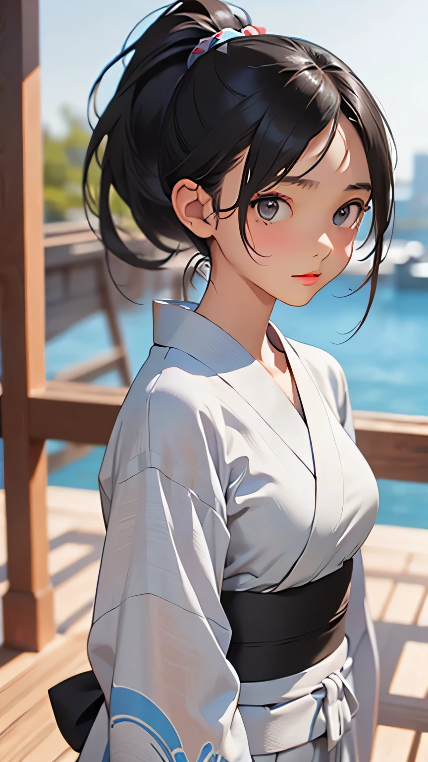 highest quality、Realistic、woman、summer night、Gray Eyes、ponytail、Black Hair、Light blue yukata、Tanned black body、Tan Skin、Brown black skin、Dark skin、slender、Large Breasts、Bust Shot