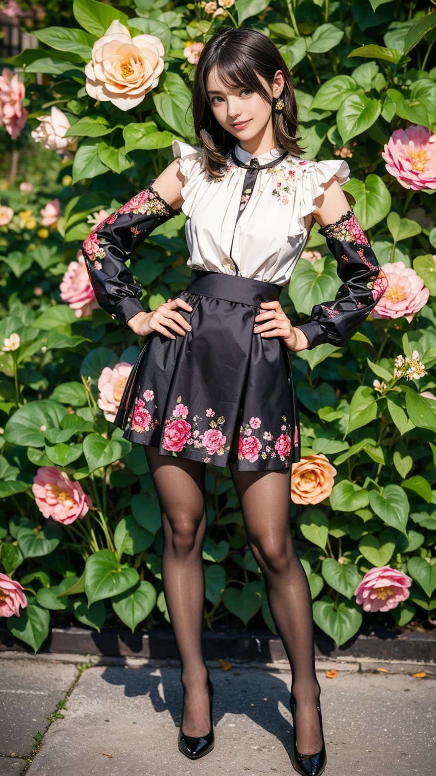 ((masterpiece)),(((Highest quality))),Thin thighs,Long legs,whole body:1.5,(One Girl:1.3),(Black pantyhose and thick pointy heels:1.3),(Wearing a mini mini mini flare skirt dress with floral and ornamental plant patterns:1.2),Short Blonde:1.2、Model pose,high waist:1.5、Standing with legs apart:1.5,Cute pose with hands on hips:1.5,The best smile:1.5,