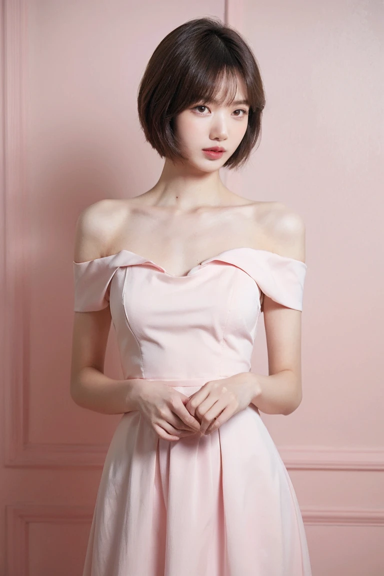 21yo girl, beautiful dress, pink background, short hair