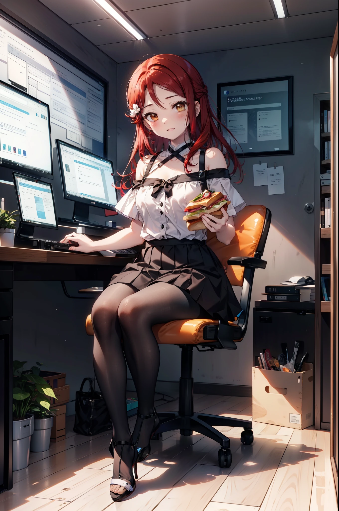 rikosakurauchi, Riko Sakurauchi, (Brown eyes:1.5), Hair between the eyes, Long Hair, (Redhead:1.5), (Small breasts:1.2), smile,blush,Open your mouth,Cold Shoulder Shirt,Short sleeve,Long skirt,Black pantyhose,Stiletto heels,Sitting in a chair,is holding a sandwich with both hands and eating it,There is a computer and a sandwich on the table.,interior,So that the whole body goes into the illustration,
break looking at viewer, 全身
break outdoors, office,
break (masterpiece:1.2), Highest quality, High resolution, unity 8k wallpaper, (figure:0.8), (Beautiful attention to detail:1.6), Highly detailed face, Perfect lighting, Highly detailed CG, (Perfect hands, Perfect Anatomy),