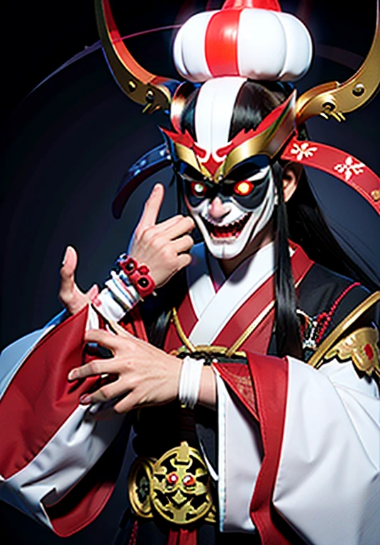 evil shinto priest wearing a hyottoko mask (white mask with popping red luminous eyes, twisted sucking mouth), throwing ghosts with both hands, His suit is blue with classical detailed black green and red lines, red belt, red hat and gold ribbons on the closures, red luminous eyes, background macabre of tombs,