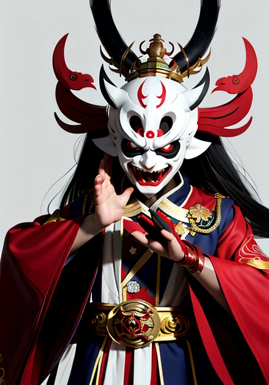 evil shinto priest wearing a hyottoko mask (white mask with popping red luminous eyes, twisted sucking mouth), throwing ghosts with both hands, His suit is blue with classical detailed black green and red lines, red belt, red hat and gold ribbons on the closures, red luminous eyes, background macabre of tombs,