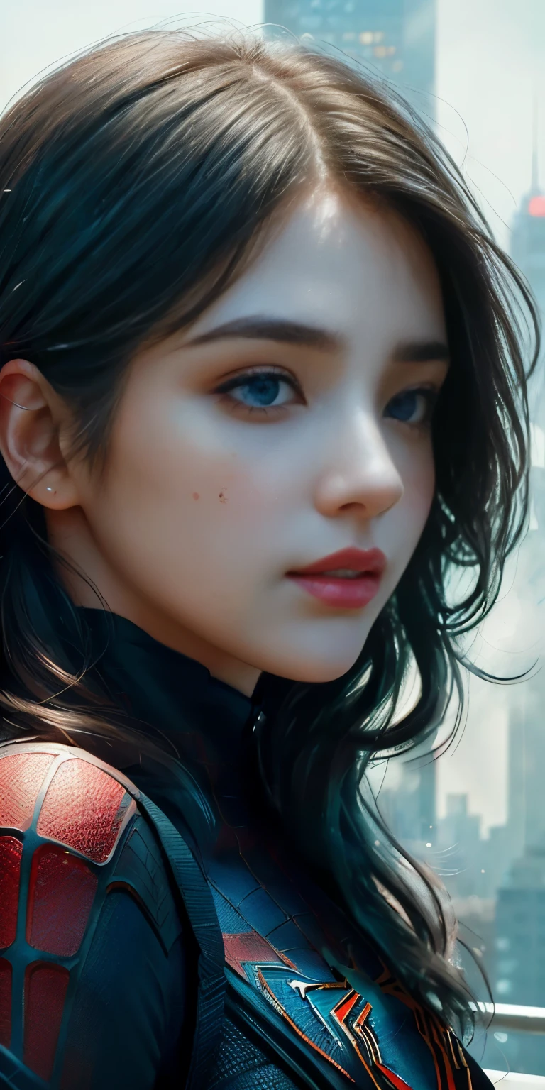 (1girl:1.3), Solo, (((Very detailed face)))), ((Very detailed eyes and face)))), Beautiful detail eyes, Body parts__, Official art, Unified 8k wallpaper, Super detailed, beautiful and beautiful, beautiful, masterpiece, best quality, original, masterpiece, super fine photo, best quality, super high resolution, realistic realism, sunlight, full body portrait, amazing beauty, dynamic pose, delicate face, vibrant eyes, (from the front), She wears Spider-Man suit, red and black color scheme, spider, very detailed city roof background, rooftop, overlooking the city, detailed face, detailed complex busy background, messy, gorgeous, milky white, highly detailed skin, realistic skin details, visible pores, clear focus, volumetric fog, 8k uhd, DSLR, high quality, film grain, fair skin, photo realism, lomography, futuristic dystopian megalopolis, translucent