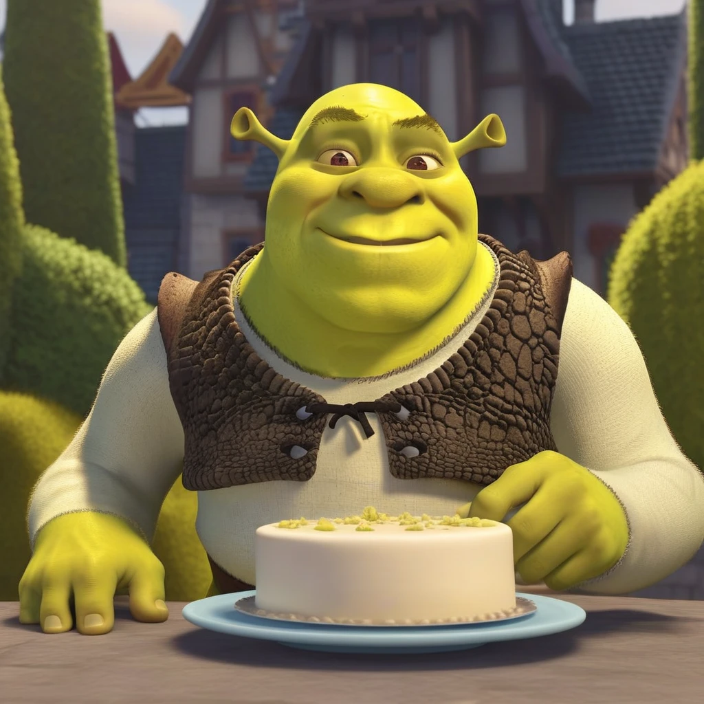 shrek animado recebendo presente grande em um aniversário, Shrek1024, detailed eyes, highly detailed, photography, ultra sharp, film, bokeh, professional, 4k, CAIXA DE PRESENTE, GIFT
