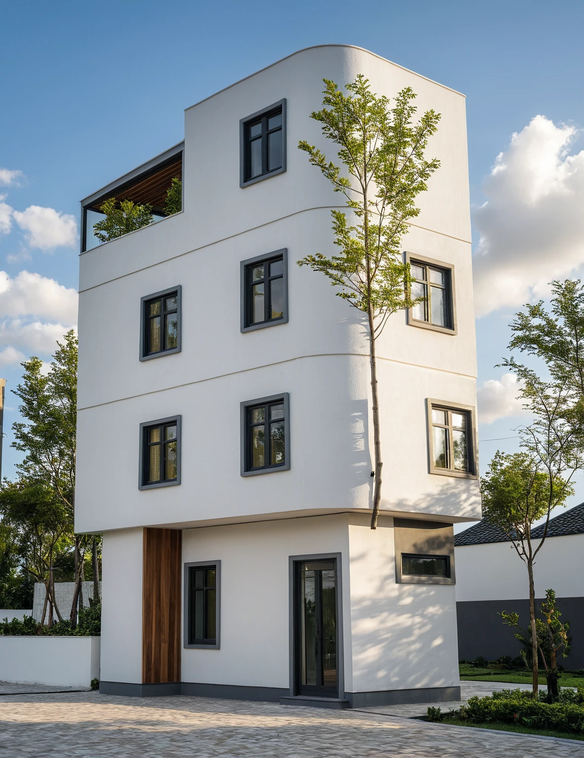 Masterpiece, high quality, best quality, authentic, super detail, outdoors, onestoreyvillaXL, aiaigroup, house style modern on the street ,stairs, white wall ,road,pavement, grass, trees, sky, cloud, (daylight:1.1)
