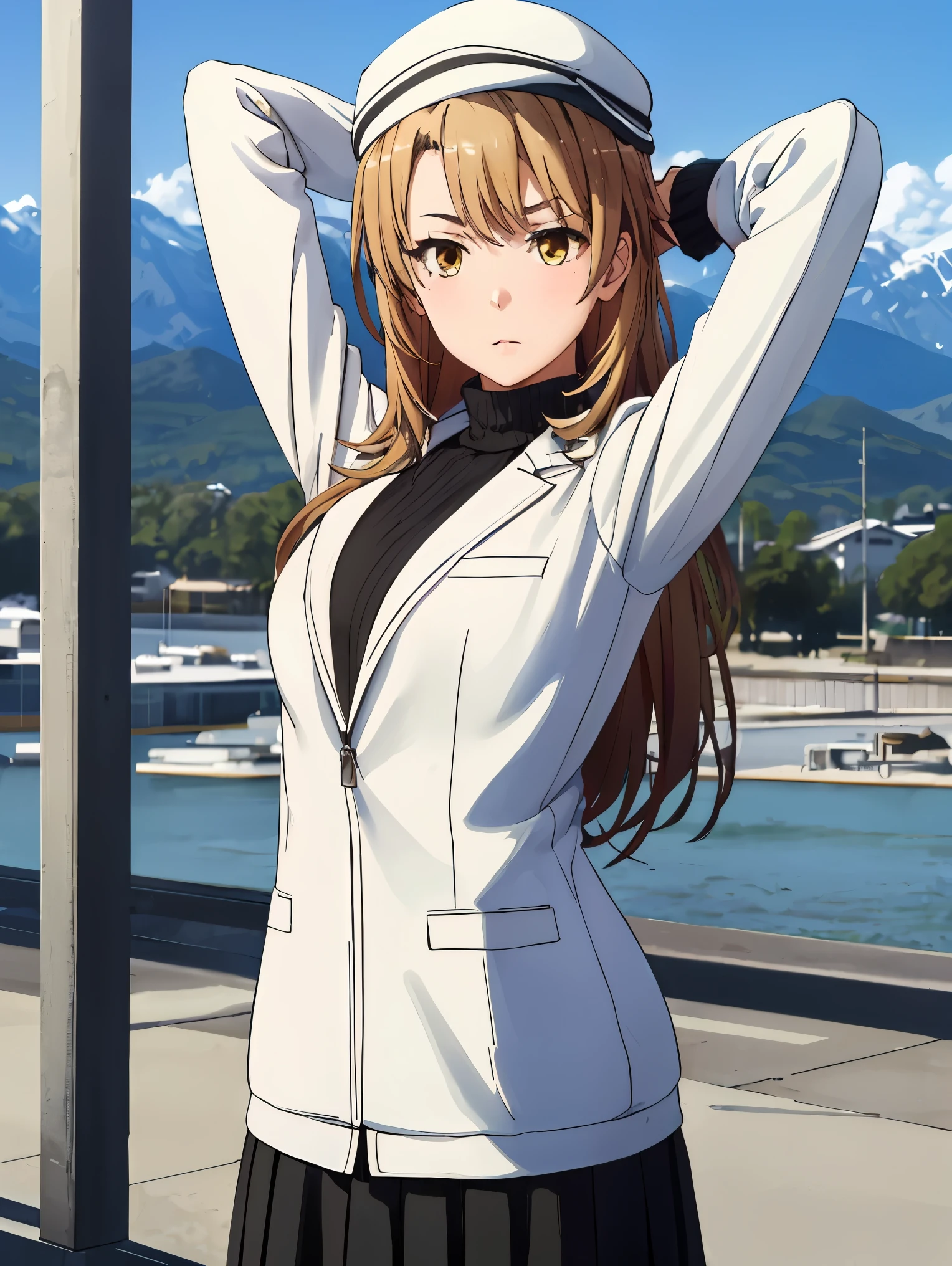 irohaisshiki, iroha isshiki, long hair, brown hair, (brown eyes:1.5),
BREAK (white headwear, white jacket, black sweater, black skirt:1.2),
BREAK fishnet, big breasts, mountain, lake, arm behind head, blue sky,
BREAK ((top quality, 8k, masterpiece: 1.3, ultra hd, high quality, best quality, high definition, realism)), sharp focus: 1.5, Beautiful woman with Slim body, (perfect hands, perfect anatomy),