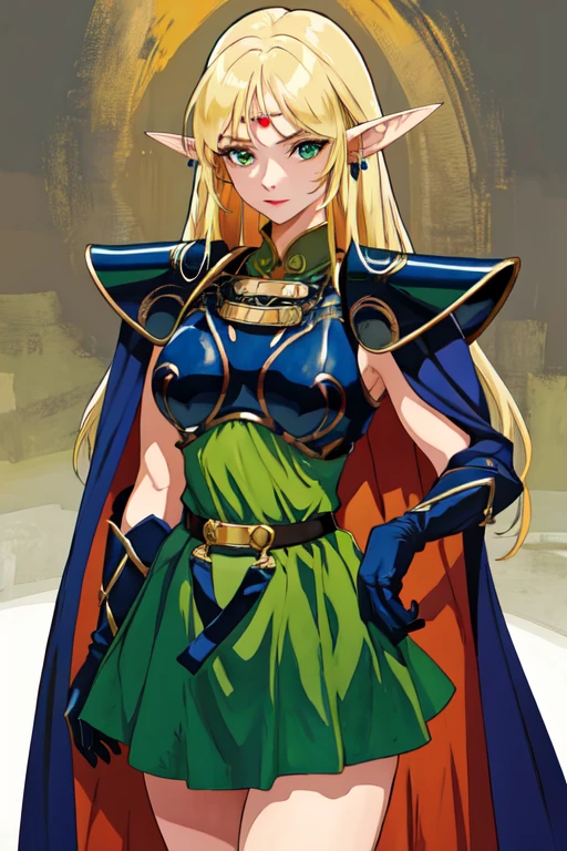 masterpiece, best quality, 1girl, solo, scenery, cowboy shot,
ANI_CLASSIC_deedlit_ownwaifu, www.ownwaifu.com,
pointy ears, blonde hair, long hair, elf, circlet, green eyes, long pointy ears, very long hair, breasts, medium breasts, earrings, lips, makeup, bangs,
cape, armor, blue cape, shoulder armor, pauldrons, gloves, breastplate, belt, green dress, short dress,

