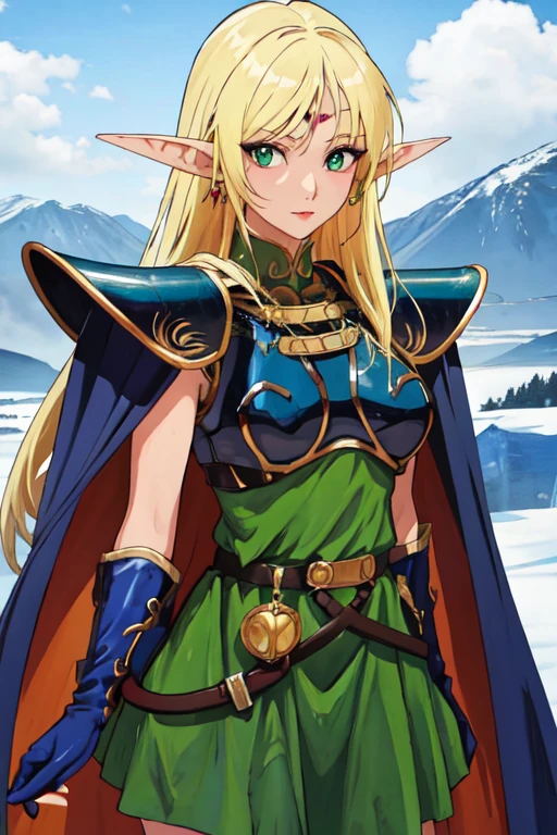 masterpiece, best quality, 1girl, solo, scenery, cowboy shot,
ANI_CLASSIC_deedlit_ownwaifu, www.ownwaifu.com,
pointy ears, blonde hair, long hair, elf, circlet, green eyes, long pointy ears, very long hair, breasts, medium breasts, earrings, lips, makeup, bangs,
cape, armor, blue cape, shoulder armor, pauldrons, gloves, breastplate, belt, green dress, short dress,
