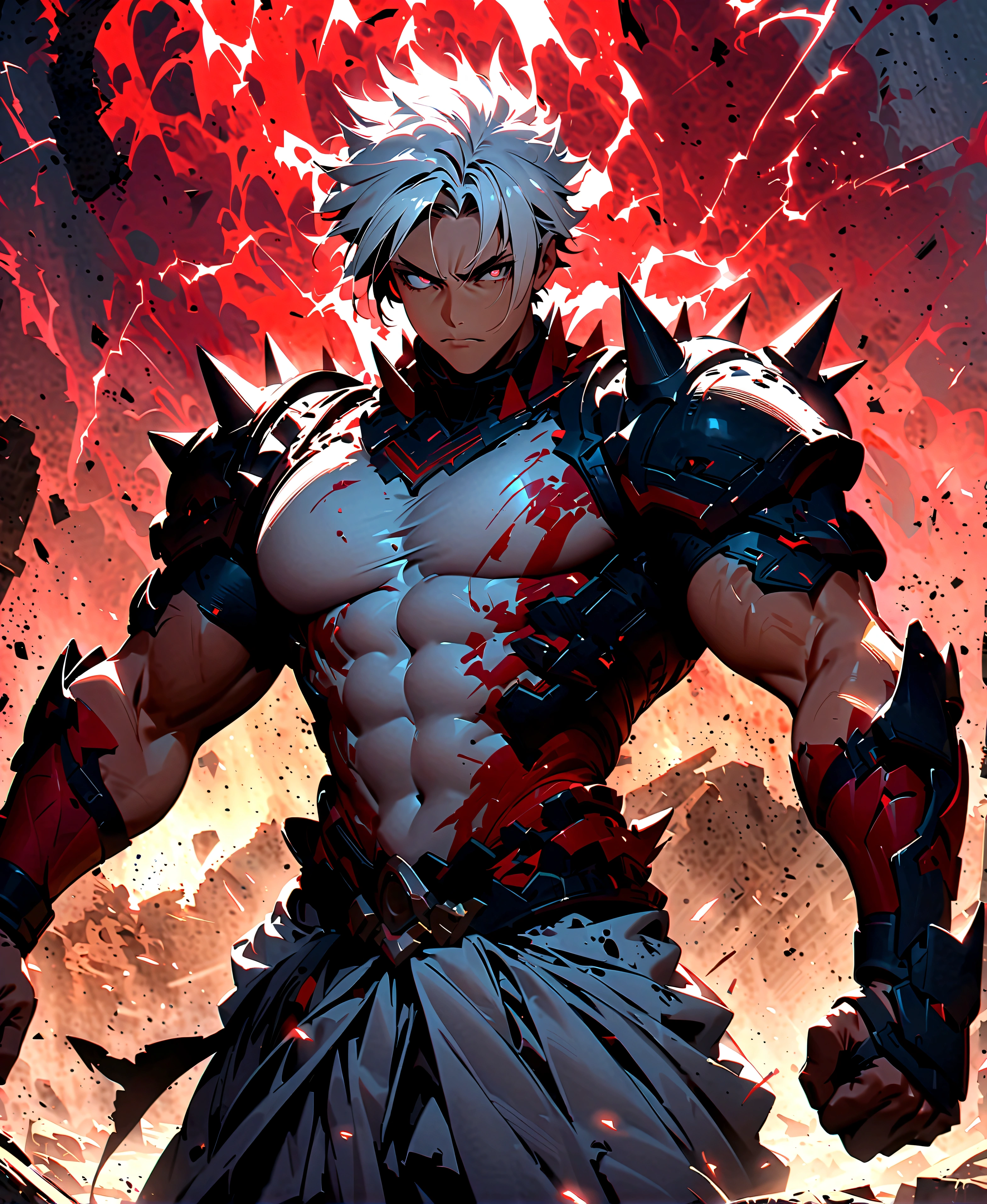 Anime boy,Asura,white hair,short spiky hair,wearing white outfit,makrings all over the body,red Aura, surrounded by lightning, destroyed ground,red outlines on the body, perfect hands,close up shot, muscular body, serious face,mantra,highest quality digital art, Stunning art, wallpaper 4k,8k,k, HD, unparalleled masterpiece, dynamic lighting, cinematic, epic