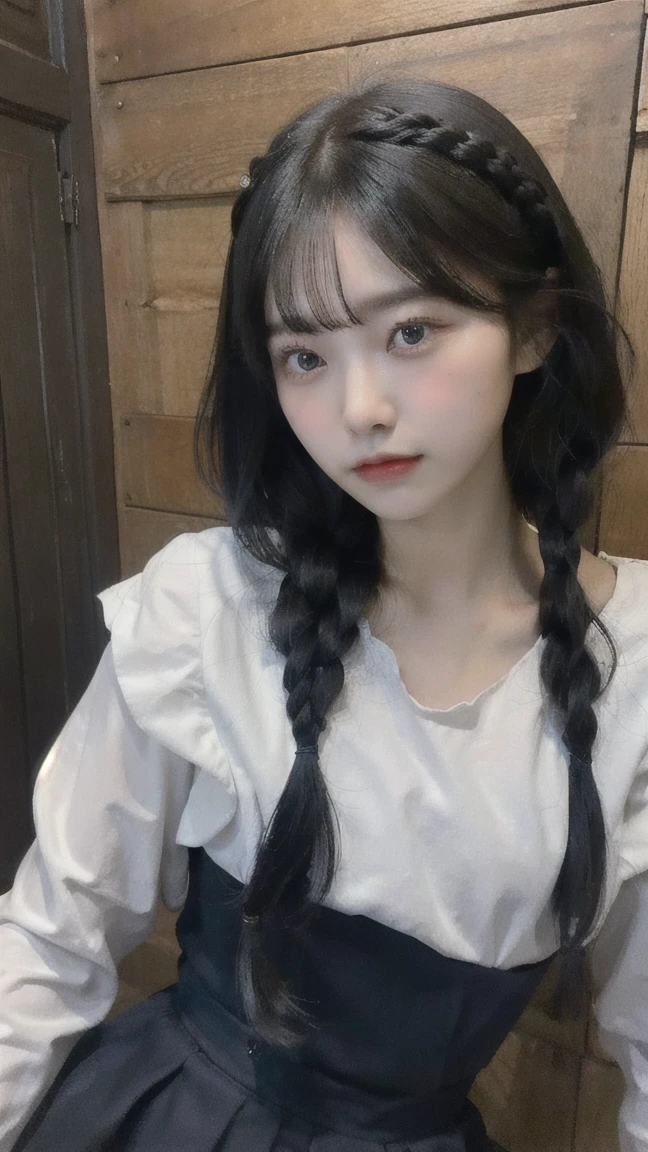 Portrait of a young East Asian girl in a navy blue and white sailor-style . She has long black hair styled in two braids, with straight bangs across her forehead. The girl has large, dark eyes and a small, delicate nose. Her expression is neutral, looking directly at the camera. The background shows a dark blue wooden wall with some green ivy or vine leaves visible to the side. The lighting is soft and natural, creating a slightly moody atmosphere. High-resolution image with sharp focus on the face