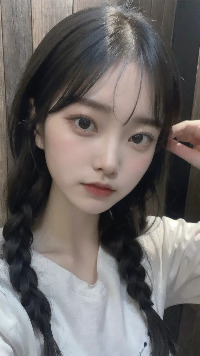 Portrait of a young East Asian girl in a navy blue and white sailor-style . She has long black hair styled in two braids, with straight bangs across her forehead. The girl has large, dark eyes and a small, delicate nose. Her expression is neutral, looking directly at the camera. The background shows a dark blue wooden wall with some green ivy or vine leaves visible to the side. The lighting is soft and natural, creating a slightly moody atmosphere. High-resolution image with sharp focus on the face