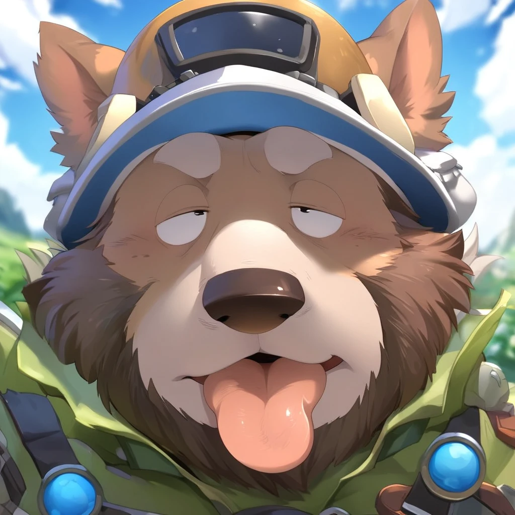 anthro, kemono, male, solo, ((round face, very plump face, thick beard)), ((endomorph body type, old-aged)), ((adventure costume:1.5)), ((domestic dog, dog) fluffy fur, fluffy), (at lawn hills, blue sky clouds), bokeh, (face focus, headshot), detailed background, (high quality, highres, masterpiece), (dynamic lighting, vivid color), (silly face, tongue out, funny face, furrowed eyes), (humorous person), (dynamic pose), foot,penis, (animaginexl:1.3), (upperbody), (dreamy looks)