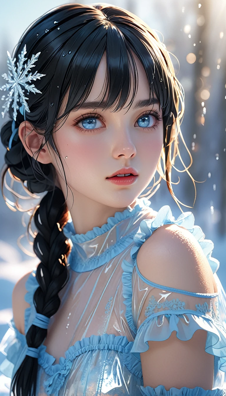 (((masterpiece))),best quality,illustration,8k wallpaper,UHD,high details,highres,16k,high quality,super detail,textured skin,accurate,anatomically correct,award winning,movie lighting,cowboy shot,(medium shot),absurd,1 girl,(ice),hair accessory,in winter,(pale blue eyes),longeyelashes,pupils sparkling,(black hair),shiny hair,medium hair style,transparent clothes,frills,lace,wet clothes,leave_Shoulder,hair tie,telephoto lens,absurd,Exquisite face,features,natural light,soft light,(Seven-part combination),epic,Dreamy and magical,mystery,