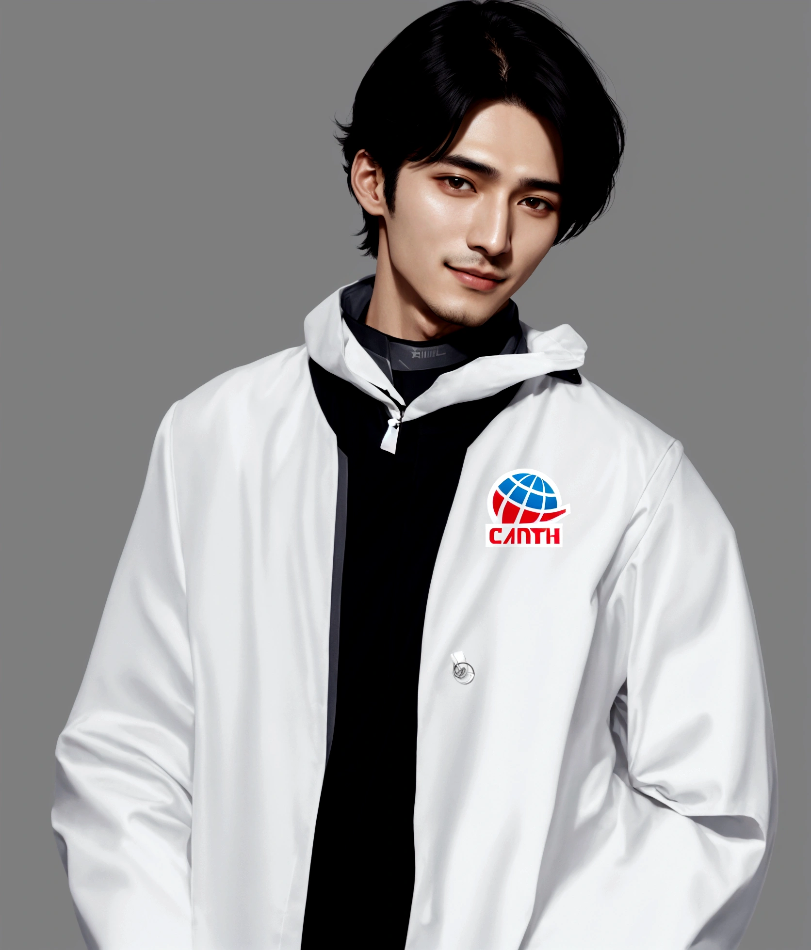 Man who smiled, Arabic style image of a man wearing a white jacket and black tie, wearing space techwear, Profile shot, Cai Xukun, Model is wearing a technical vest, Won Bin Lee, Official product photos, xqc, Official product images, Official photos, Official photo, cyber future jacket, Official store photos, Official Art, Shin Jinyoung, Inspired by Zhang Han