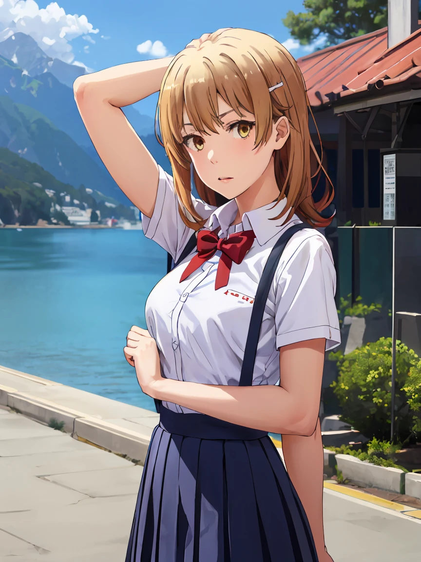 irohaisshiki, iroha isshiki, long hair, brown hair, (brown eyes:1.5),
BREAK (red_bow,white_shirt,shimokitazawa_high_school_uniform:1.2),
BREAK fishnet, big breasts, mountain, lake, arm behind head, blue sky,
BREAK ((top quality, 8k, masterpiece: 1.3, ultra hd, high quality, best quality, high definition, realism)), sharp focus: 1.5, Beautiful woman with Slim body, (perfect hands, perfect anatomy),