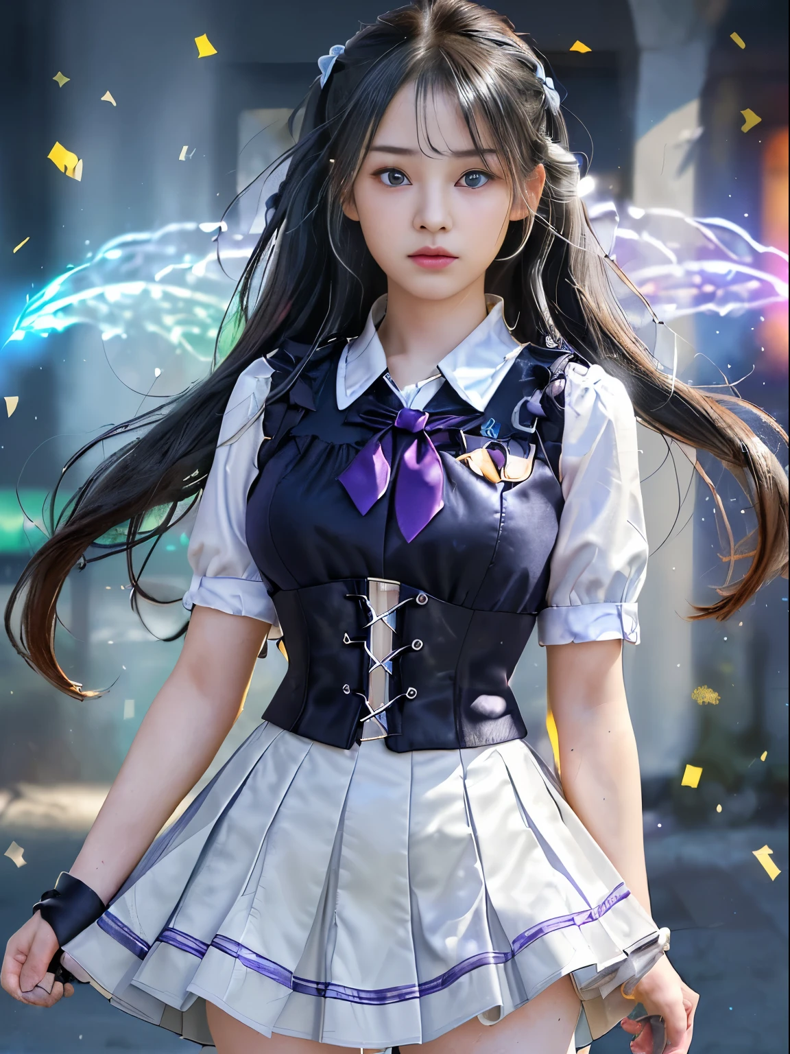 top quality、masterpiece、Super high resolution、(realistic:1.4)、raw photo、Detailed CG image quality、cyberpunk、beautiful excrement、1 girl、sixteen years old, (twintail black hair:1.4), (머리를 멈추는 White 리본), (Platinum Silver Accessories:1.4)、(White :1.4)、(big chest thin waist)、(purple eyes:1.3), (shining eyes), (mysterious power:1.2), (A fierce arc emanating from the fingers.:1.4). detailed portrait、8K quality、bright colors、concept art、Cinematic and dramatic atmosphere、sharp focus、volumetric lighting、movie lights、Wearing studio quality、(neon lights)、depth of field、Ambient lighting、cloudy view、blurry background:1.3、(blue summer sky:1.4), (midsummer sunshine:1.4),