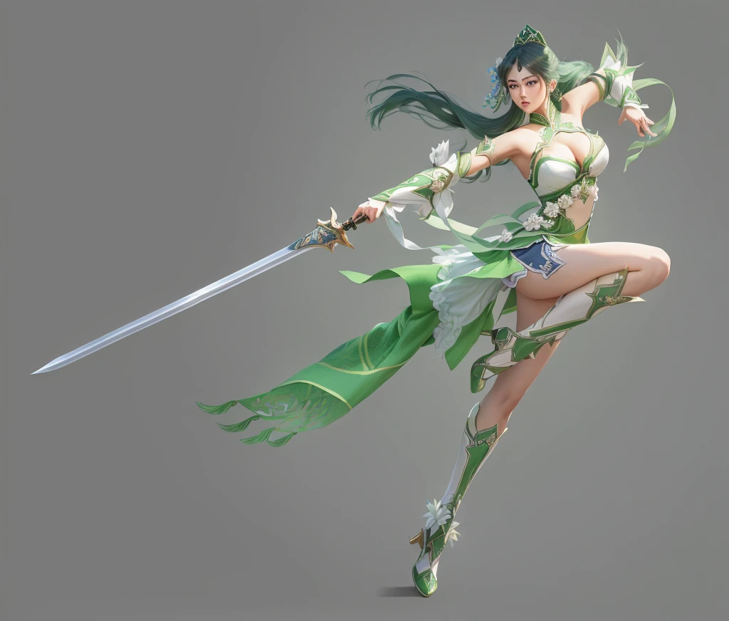 Wearing a green dress、Arav woman holding sword and green dress, Dynasty Warriors, lady powder, Full body fairy, yun ling, zhao yun, Fighting Game Characters, Katana Zero Video Game Character, bian lian, powder, Full body martial arts, xianxia hero, Inspired by Guillaume