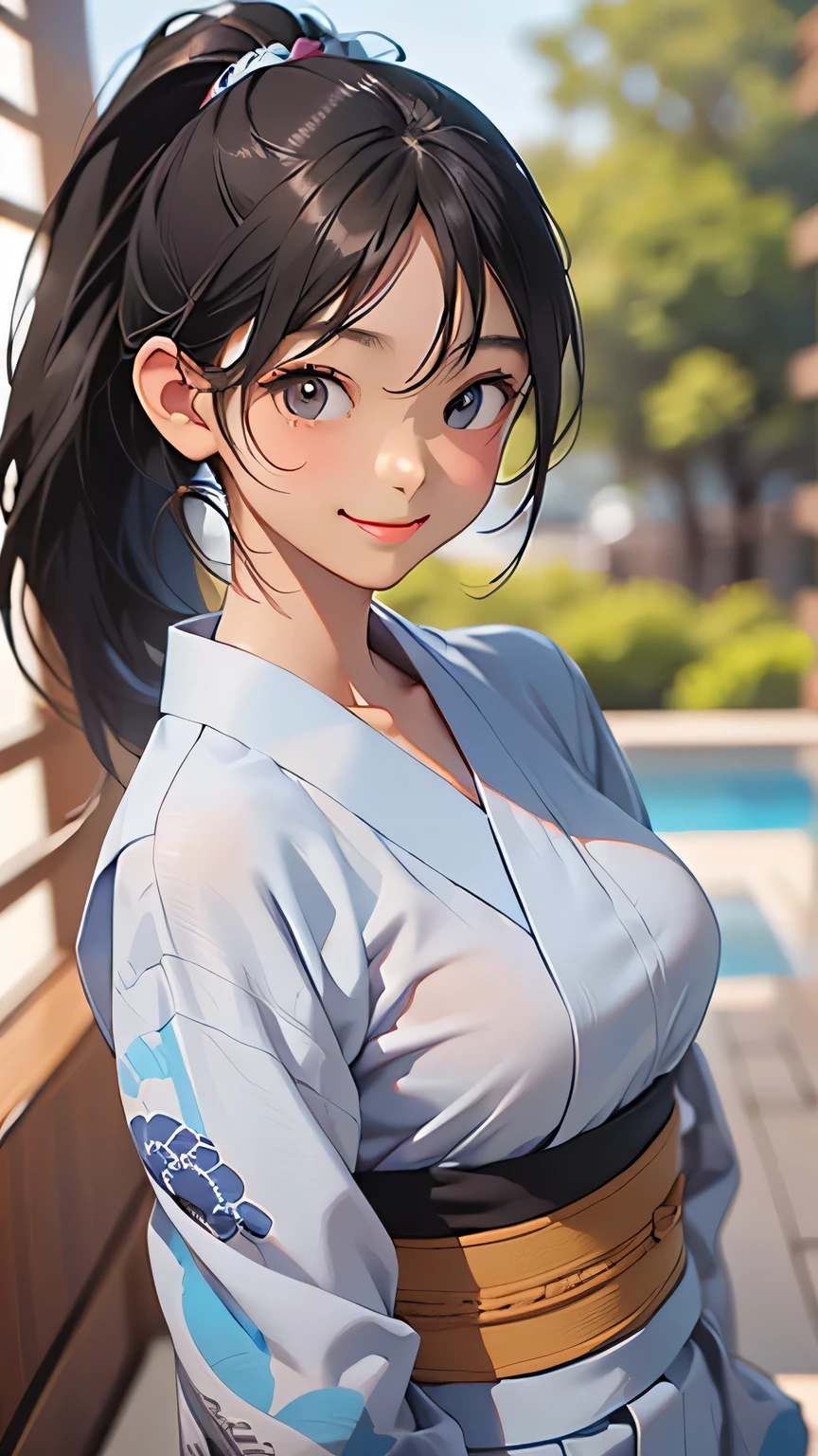 highest quality、Realistic、woman、summer night、Gray Eyes、ponytail、Black Hair、Light blue yukata、Tanned black body、Tan Skin、Brown black skin、Dark skin、slender、Large Breasts、lingerie、smile、Bust Shot