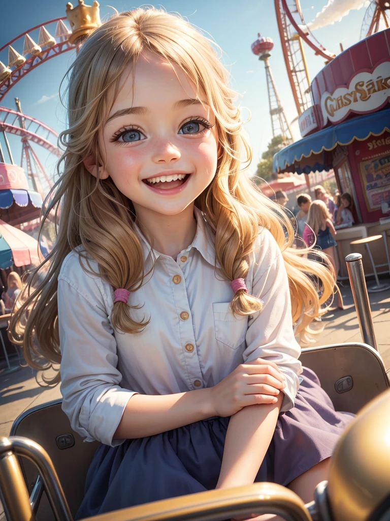 Best picture quality, detailed eyes, long eyelashes, best picture quality, adorable 5 girl, laughing hysterically in front seat of roller coaster, happy smile, amazingly large shining eyes, long eyelashes, long golden hair, neat , friendly and bright smile, busy amusement park in background, pale watercolor on pen drawing,