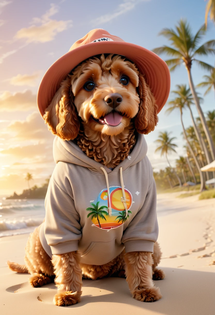 A cute brown Cavapoodle with fluffy fur wearing an urban outfit, one hoodie, and a wide-brimmed sun hat, lying down on a sandy beach with waves crashing behind and palm trees swaying in the breeze. The background is tropical and serene, with a sunset sky. Adorable Digital Painting, 3D rendered, golden lighting, vibrant colors, outside at the beach.