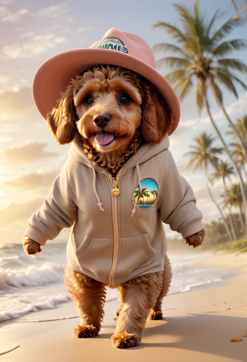 A cute brown Cavapoodle with fluffy fur wearing an urban outfit, one hoodie, and a wide-brimmed sun hat, lying down on a sandy beach with waves crashing behind and palm trees swaying in the breeze. The background is tropical and serene, with a sunset sky. Adorable Digital Painting, 3D rendered, golden lighting, vibrant colors, outside at the beach.