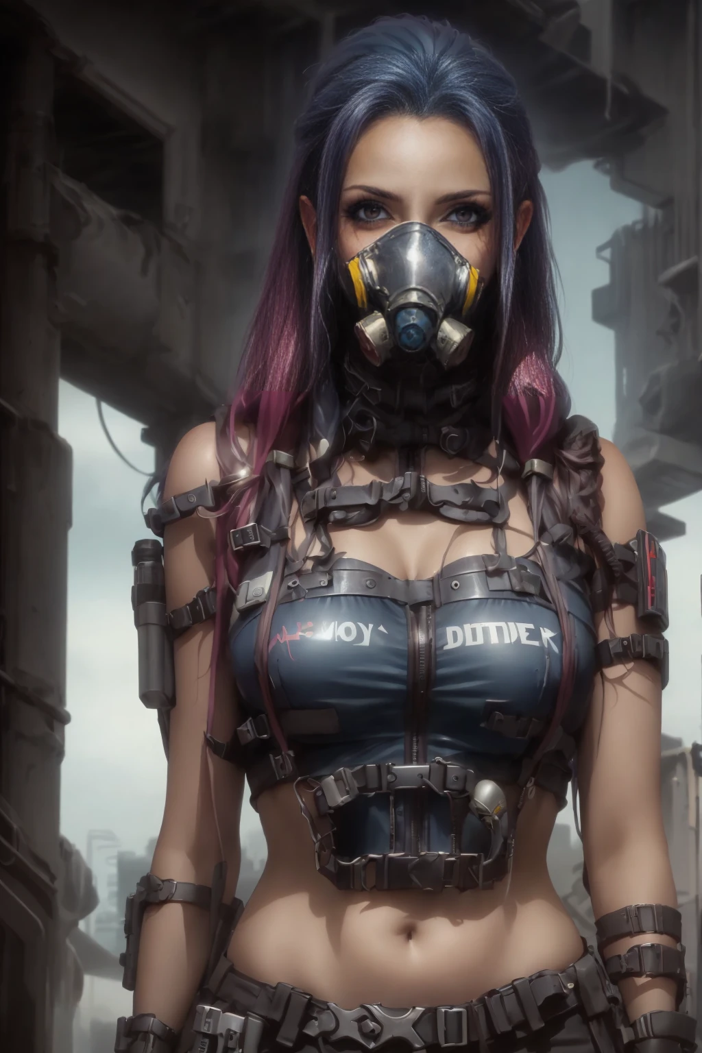 a post-apocalyptic cyberpunk android with short blue hair, an extremely large and perfectly shaped bust, a provocative pose, gas mask, detailed facial features:1.5, skin texture, hyper realistic, 8k, ultra detailed, masterpiece, photorealistic, dramatic lighting, changing colors, dramatic depth of field, intricate mechanical details, intricate circuitry, bright neon accents, dramatic sci-fi atmosphere, cinematic composition