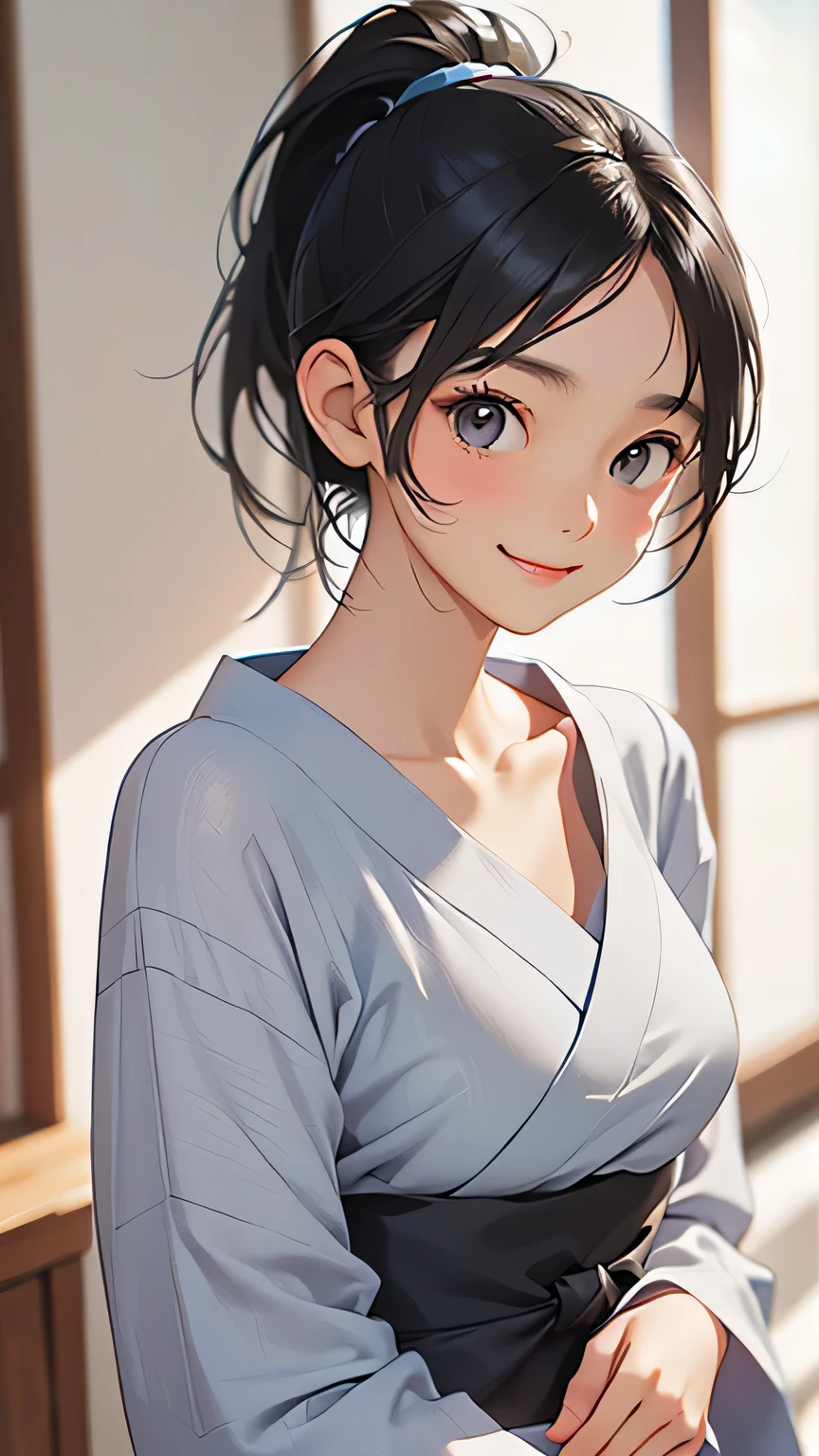 highest quality、Realistic、woman、summer night、Gray Eyes、ponytail、Black Hair、Light blue yukata、Tanned black body、Tan Skin、Brown black skin、Dark skin、slender、Large Breasts、lingerie、smile、Bust Shot