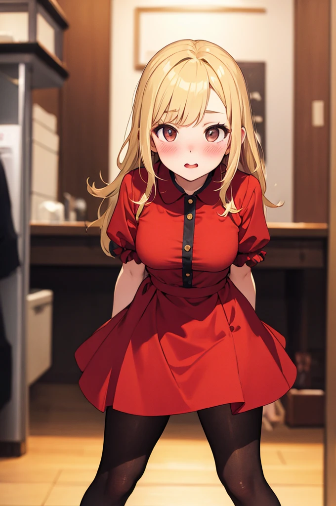 (masterpiece, best quality), 1girl, blonde hair, red dress, pantyhose, cute face, blush, 24 year old
