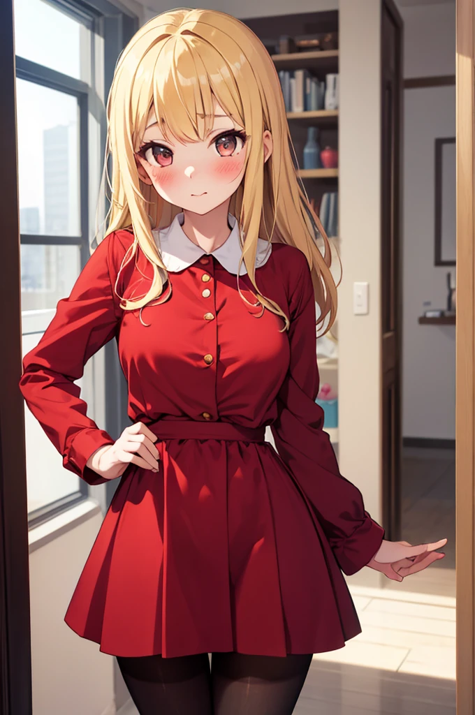 (masterpiece, best quality), 1girl, blonde hair, red dress, pantyhose, cute face, blush, 24 year old