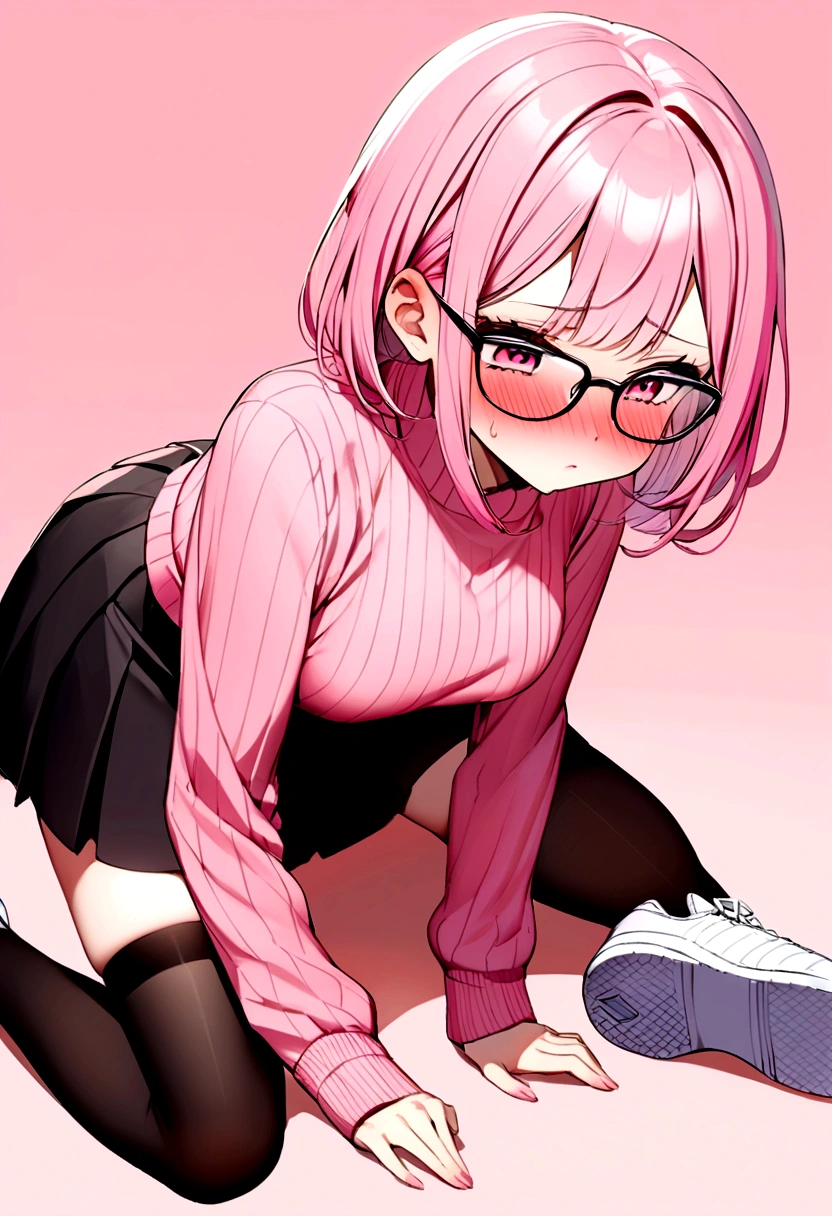 pink hair black glasses pink eyes extremely blushing a big pink sweater short black skirt black stockings white tennis shoes that is a reserved girl that is pouting