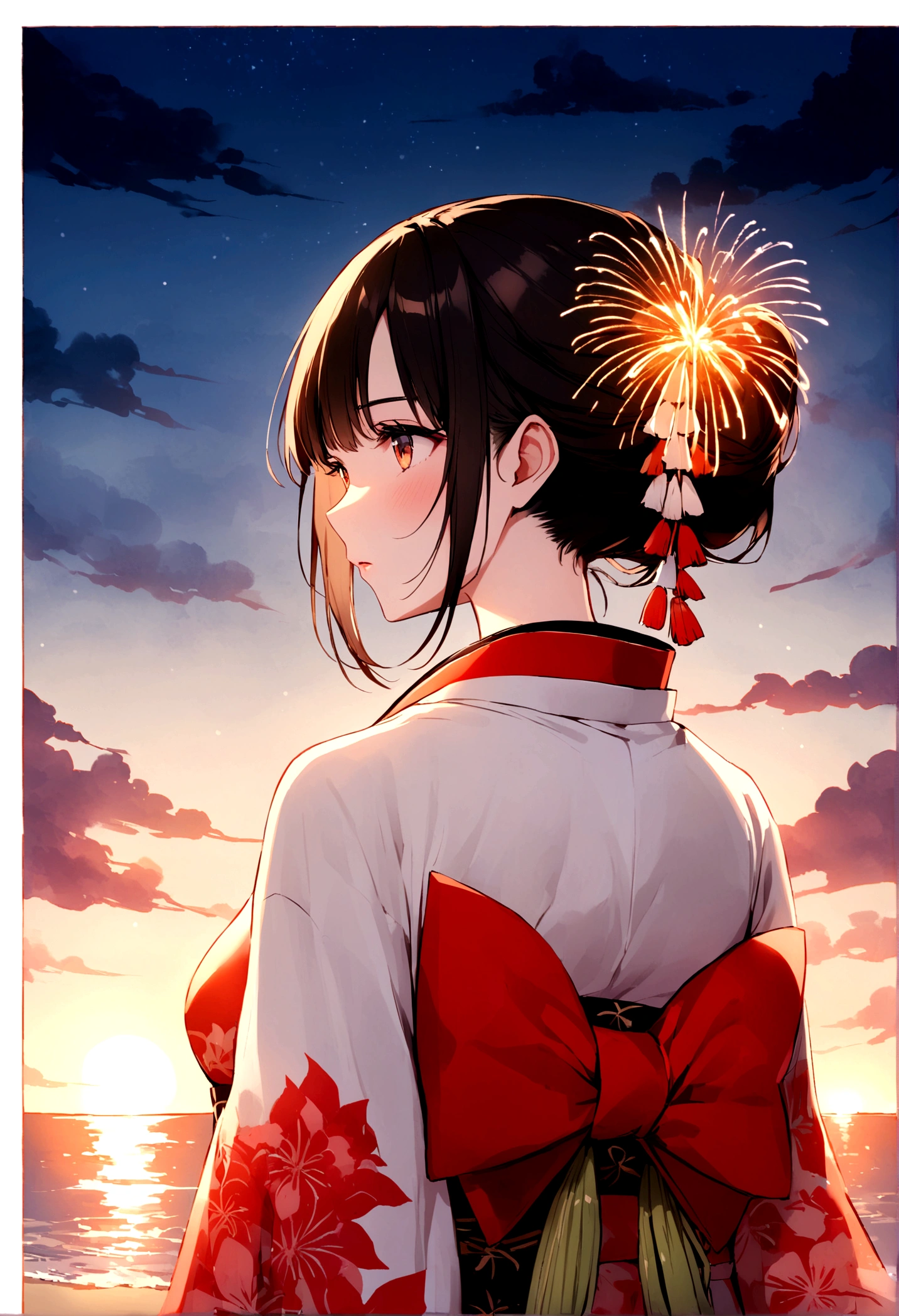 Summer，Overlooking，Back，coastal，firework，Aesthetic，kimono