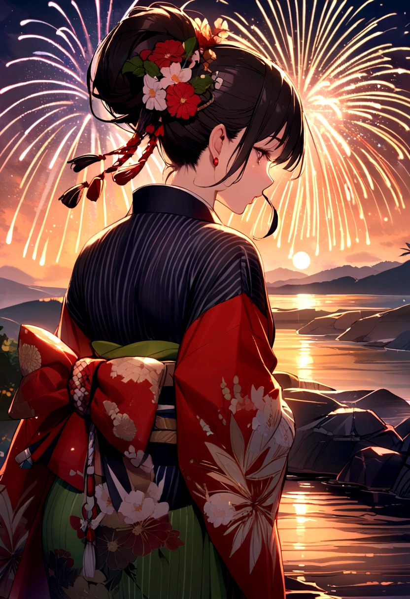 Summer，Overlooking，Back，coastal，firework，Aesthetic，kimono