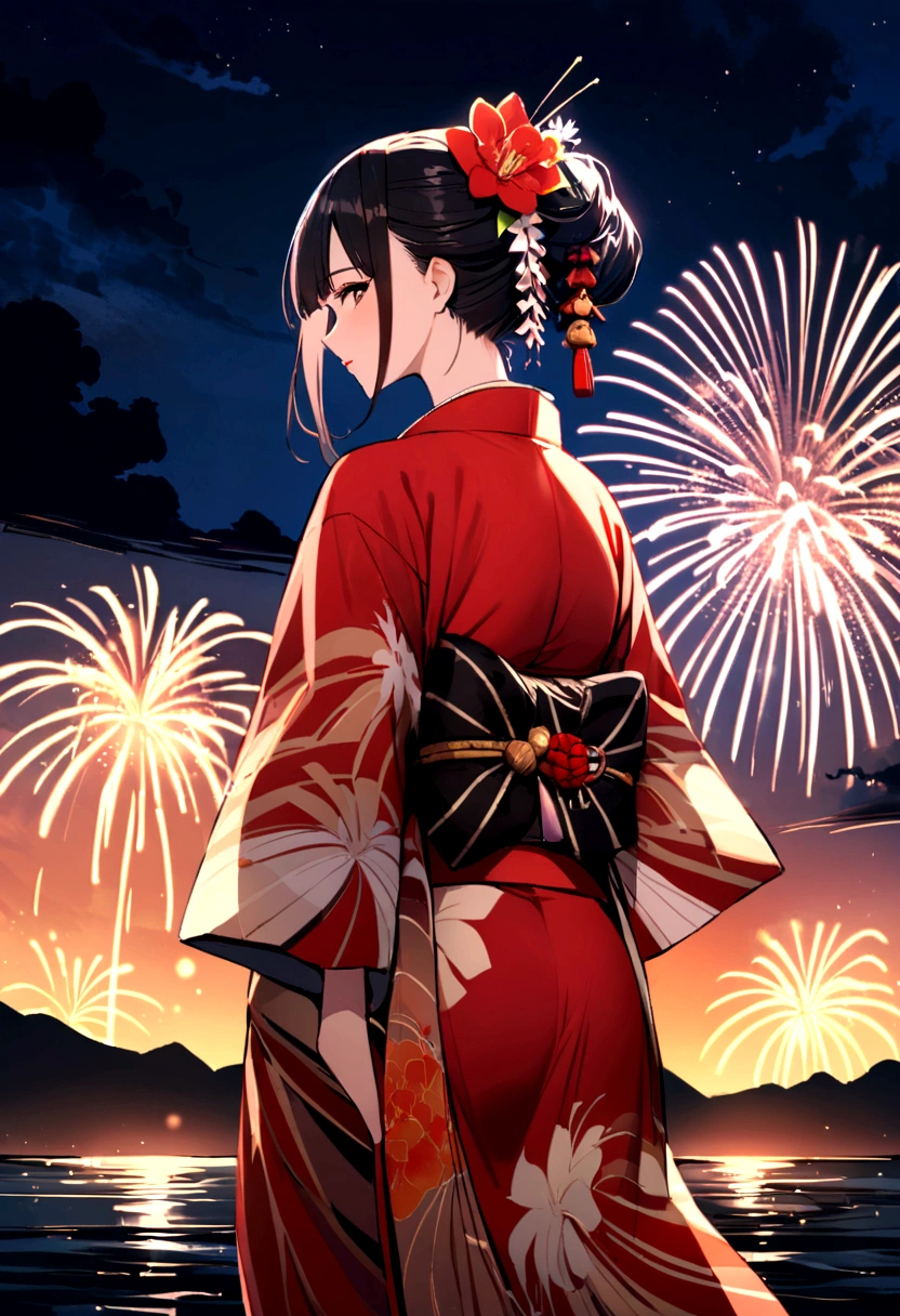 Summer,Overlooking,Back,coastal,firework,Aesthetic,kimono
