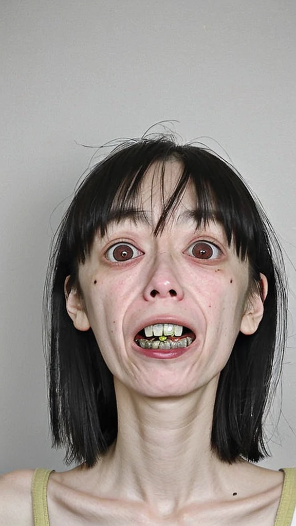 Eyes that stick out, big eyes, groggy eyes, thin, skinny, Japanese woman, ugly, black hair, misaligned teeth, broken teeth, 30 years old