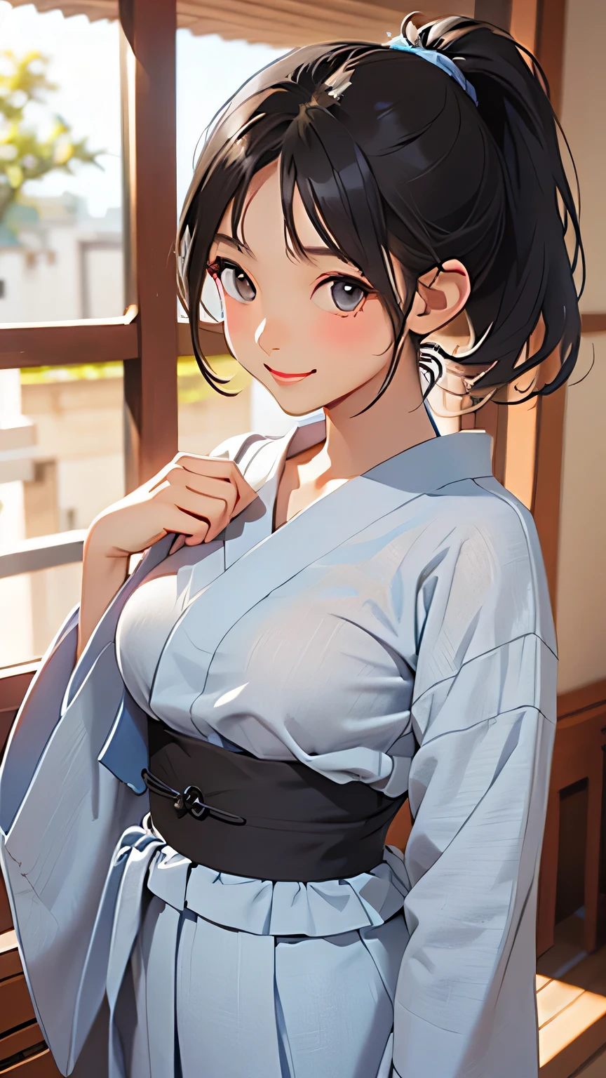 highest quality、Realistic、woman、summer night、Gray Eyes、ponytail、Black Hair、Light blue yukata、Tanned black body、Tan Skin、Brown black skin、Dark skin、slender、Large Breasts、lingerie、smile、Bust Shot
