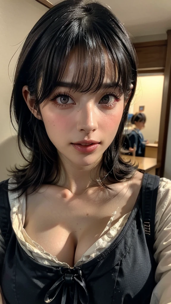 (masterpiece:1.3), (8K, Photorealistic, Raw photo, Best image quality: 1.4), Japanese schoolgirl、(Random Hairstyles:1.2)、Cleavage:1.2、Super detailed face、Attention to detail、double eyelid、Put your chest together、Sharp focus:1.2、Beautiful woman:1.4、Light brown hair、Highest quality、masterpiece、Ultra-high resolution、(Photorealistic:1.4)、, compensate, eye shadow, Thick eyelashes, Fantasy, Looking at the audience, spring ((Natural big breasts:1.2)),((Upper Body))