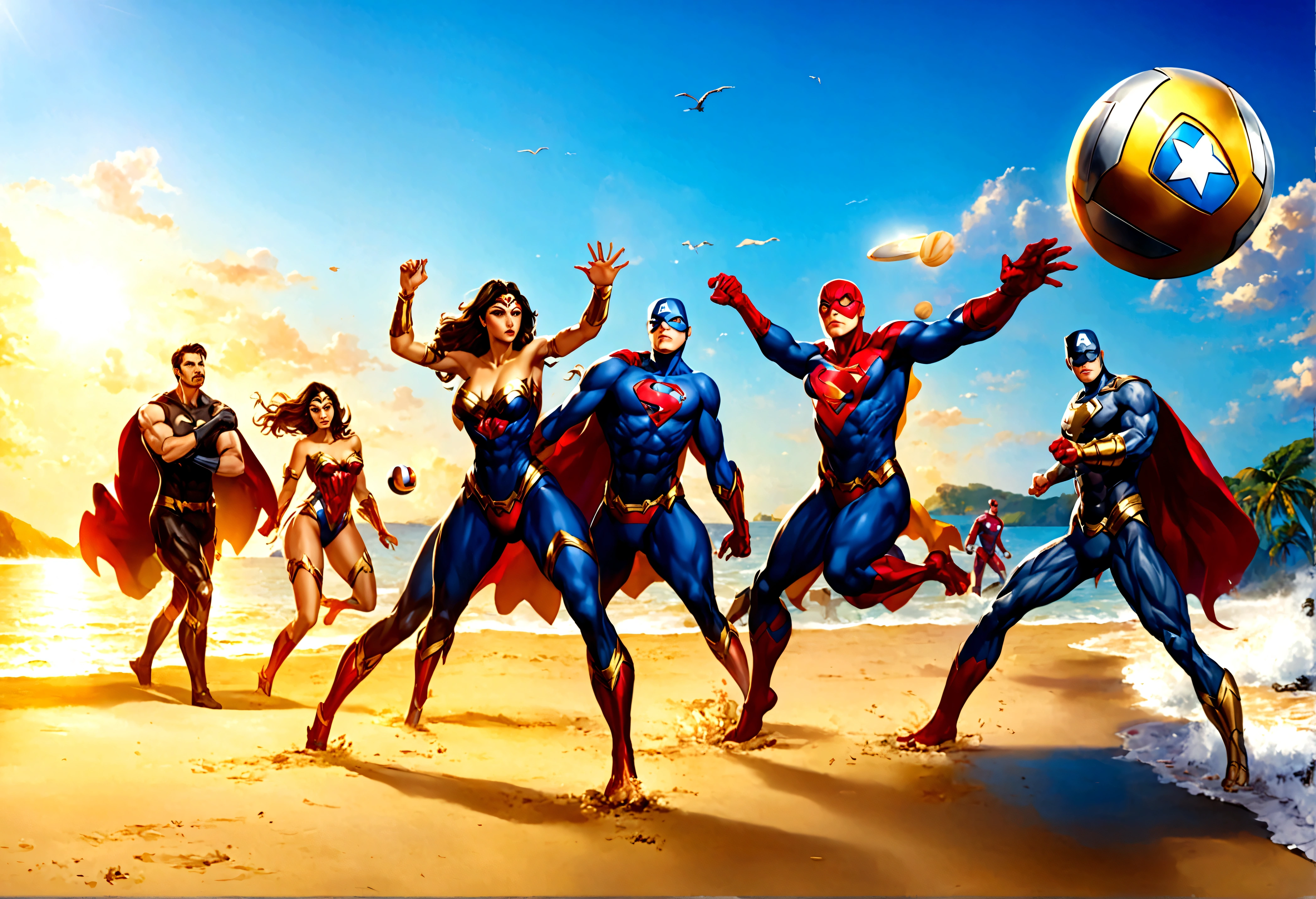 a group of superheroes playing volleyball on a beach, DC justice league vs marvel avengers, 5 players per team, relaxing super costumes, (best quality,4k,8k,highres,masterpiece:1.2),ultra-detailed,(realistic,photorealistic,photo-realistic:1.37),dramatic lighting, beautiful detailed eyes, beautiful detailed lips, extremely detailed eyes and face, long eyelashes, muscular athletic bodies, flying sand, ocean waves, golden sunset sky, vibrant colors, dramatic action poses
