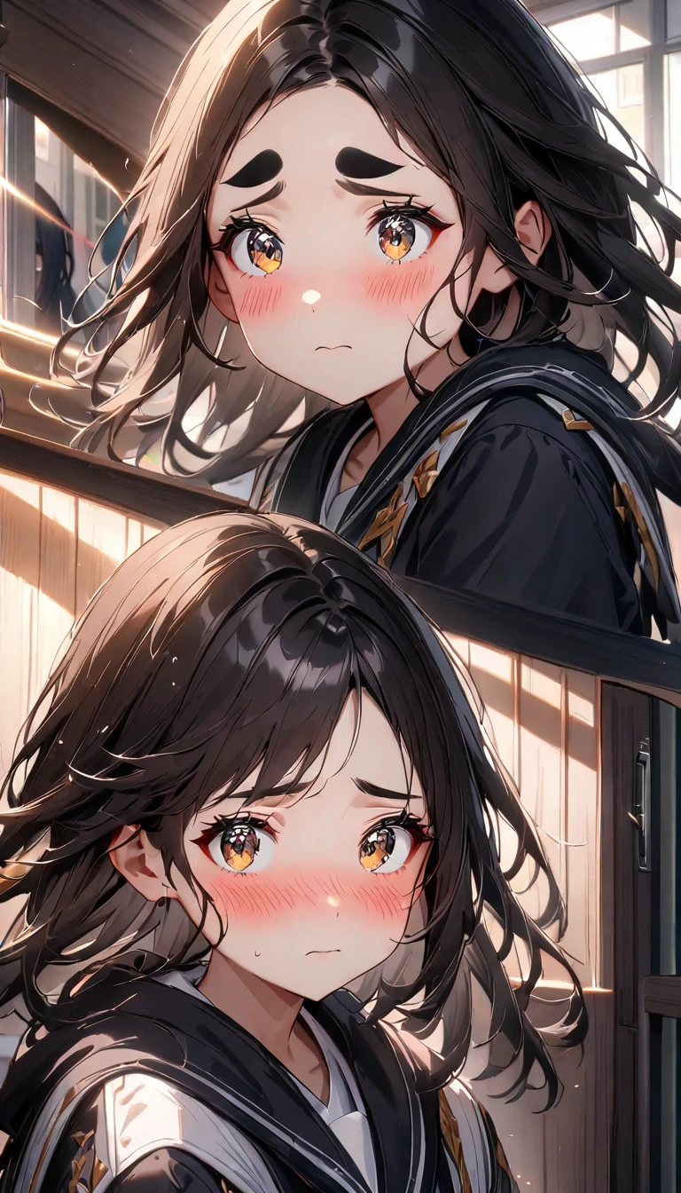 16K Unity Wallpaper, Masterpiece, of the highest quality, Ultra-be familiar with, Extremely be familiar with CG, Caustics, cinematic lighting, be familiar with, Beautiful be familiar with Eyes, realist skin texture, 1 girl, , Dark brown eyes, adorable, realist:1.5, Only school swimsuit:1.5, sunlight, (Beautiful black hair:1.3, 10 years:1.3), inside the school, blush, sad eyebrows