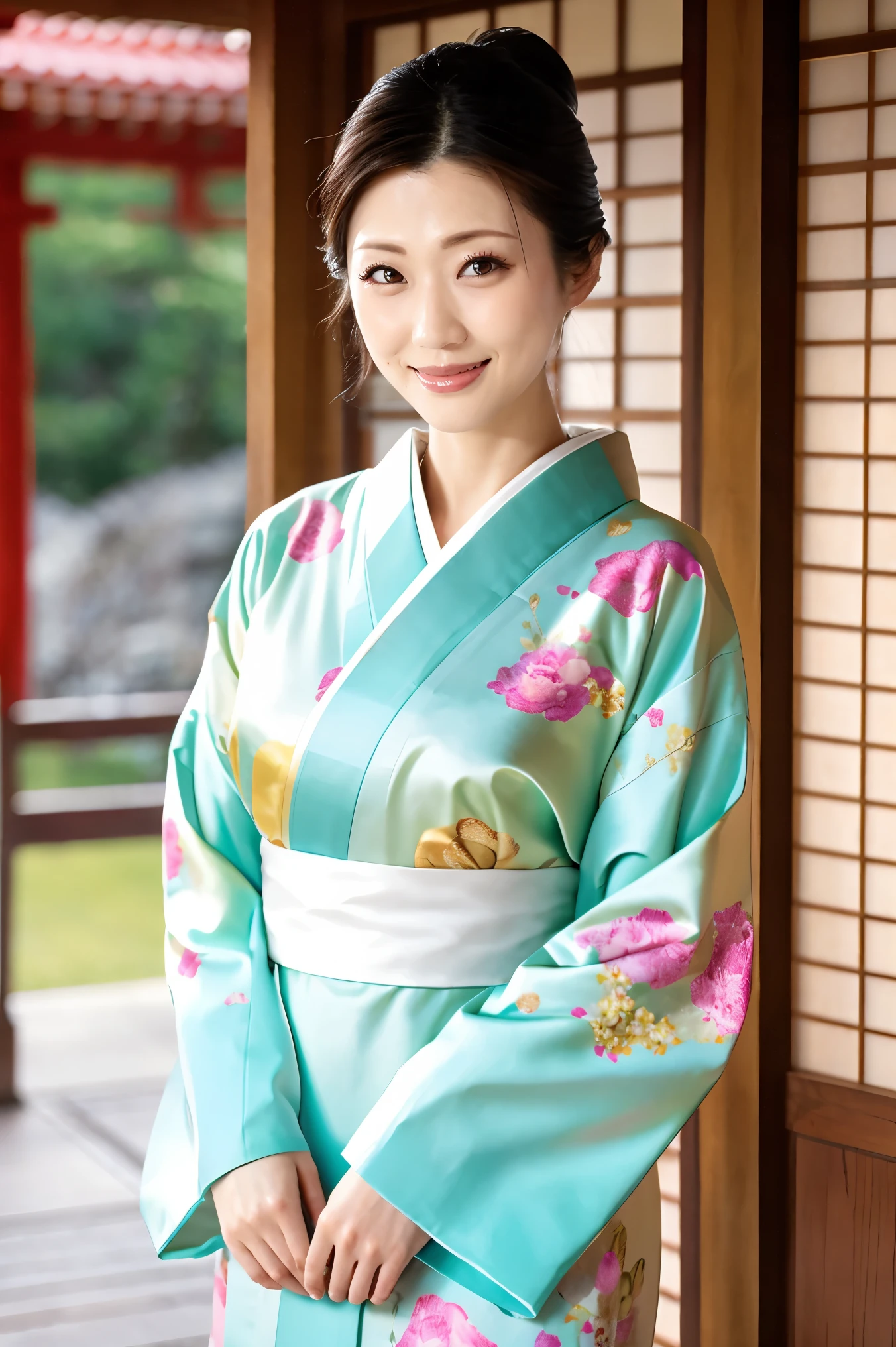 (Highest quality、Tabletop、8K、Best image quality、Award-winning works)、(One beautiful mature woman:1.1)、Adult face、(Innkeeper:1.1)、(Elegant floral kimono:1.2)、(A kimono with a perfect and precise collar:1.2)、Perfect mature woman portrait photo、Glowing Skin、Standing Elegantly、(Blurred elegant and exquisite perfect Japanese style room background:1.3)、(The most natural and perfect tidy Japanese style room background:1.2)、Glowing White Skin、Very white skin、(Accentuate your body lines:1.1)、(The most graceful posture:1.2)、(Large Breasts:1.2)、A perfect smile、Perfect beautiful glossy lips、(Accurate anatomy:1.2)、(A perfect and elegant kimono:1.1)、(Standing with good posture:1.1)、(Beautiful, high-quality, large kimono obi:1.1)